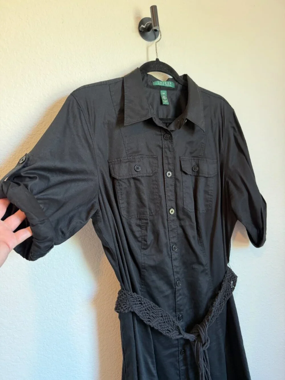 Lauren Ralph Lauren Black Cotton Shirt Dress 16W Utility Safari Midi Roll Tab Sl - Picture 5 of 7